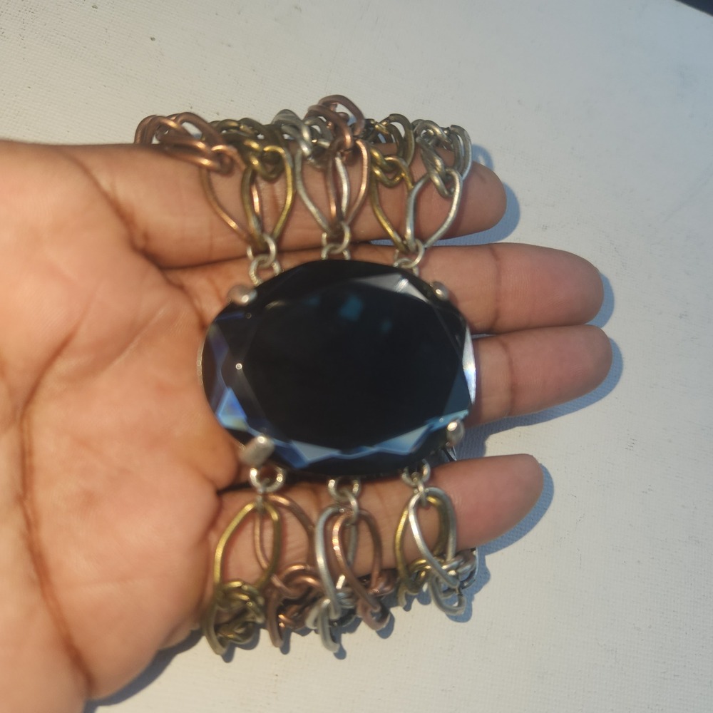 Heidi Klum Multi Strand Mixed Metal Chain Bracelet Black Crystal Magnetic Clasp
